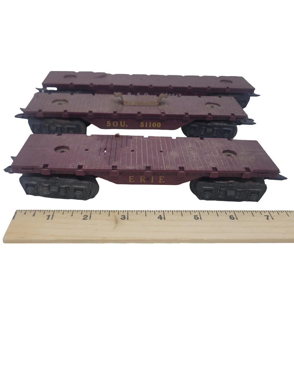 Marx O Gauge Flatcar Lot of 3 CB&Q 5545 Southern 51100 Erie Freight Train Cars